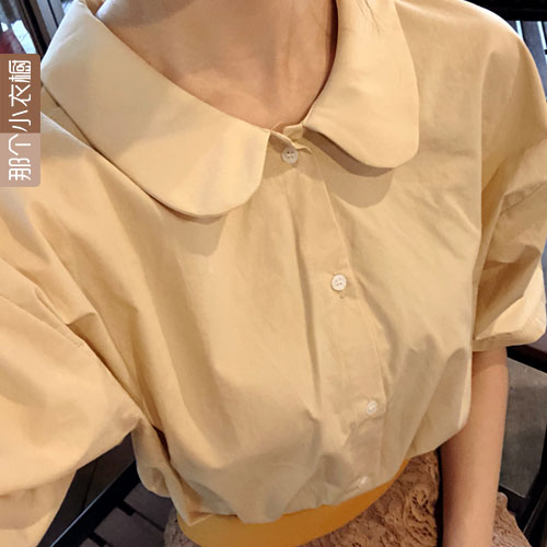 韩国代购女装2018年夏季新款 直筒五分袖娃娃领米色衬衫SG-JL28