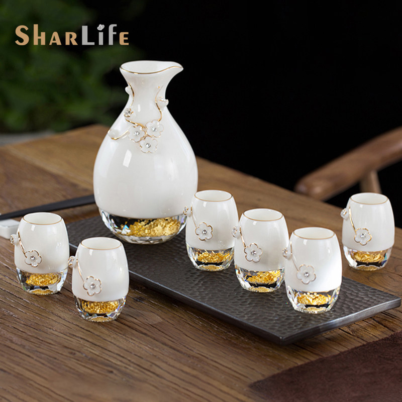 SharLife 陶瓷白酒杯一口杯创意水晶金箔分酒器高档礼盒套装家用