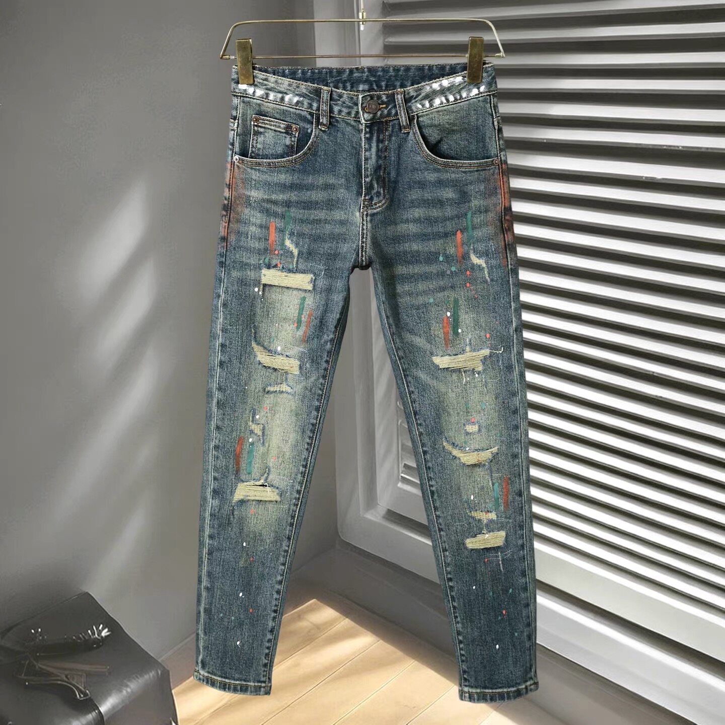 潮牌泼墨牛仔裤男士夏季新款韩版潮流修身弹力破洞帅气小脚九分裤