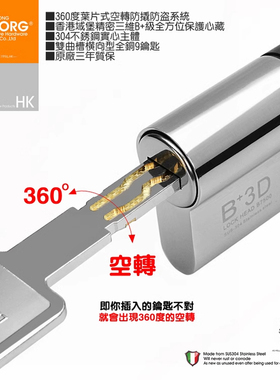 域堡3D叶片防盗360度无限空转304不锈钢防盗门锁芯B7500