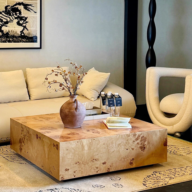 中古树瘤皮茶几复古北欧实木方形茶几高级感法式正方形茶几简约