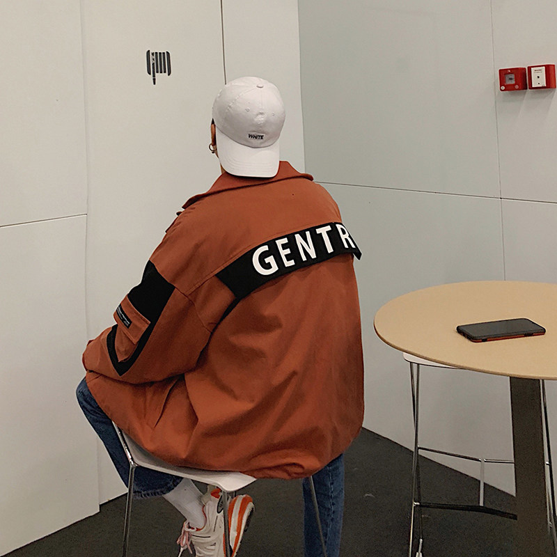 Japanese retro matching jacket with letters stamped and coloured three-dimensional pockets