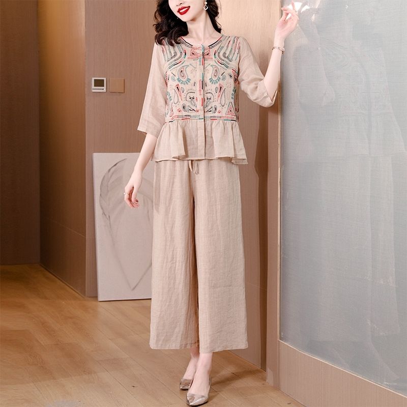 夏季新款原创文艺民族风刺绣百搭小衫宽松显瘦减龄苎麻衬衫套装女