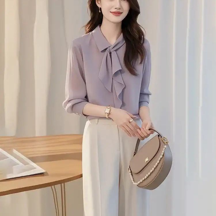 初秋新款韩风chic冷淡系独特别致紫色衬衫裤子两件休闲职业女套装
