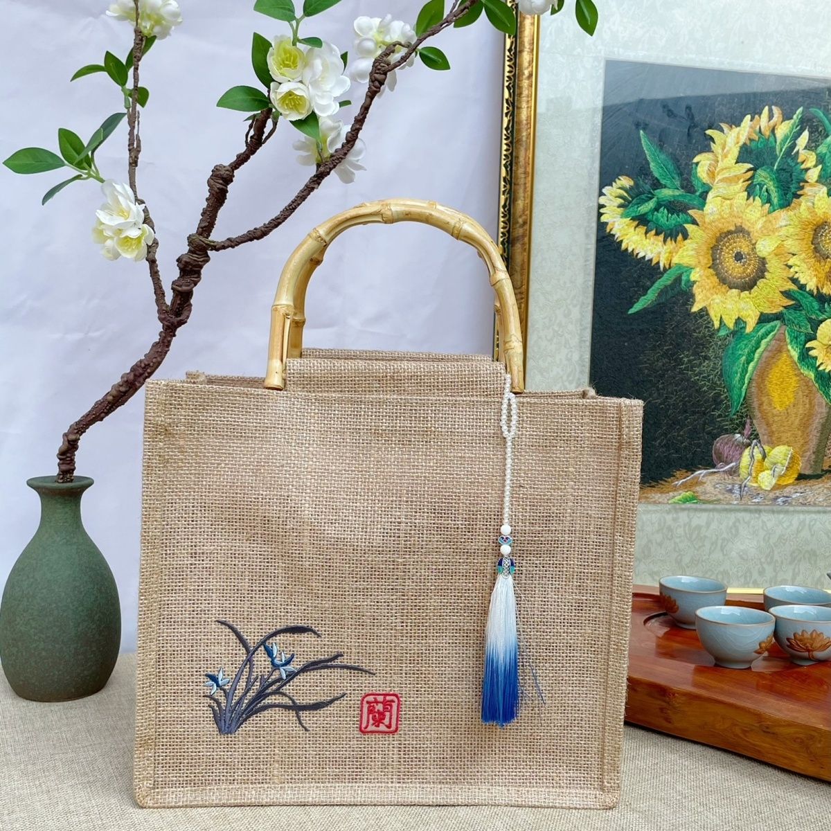 古风包中国风手提包女新款百搭文艺复古刺绣黄麻包竹把手提袋竹节