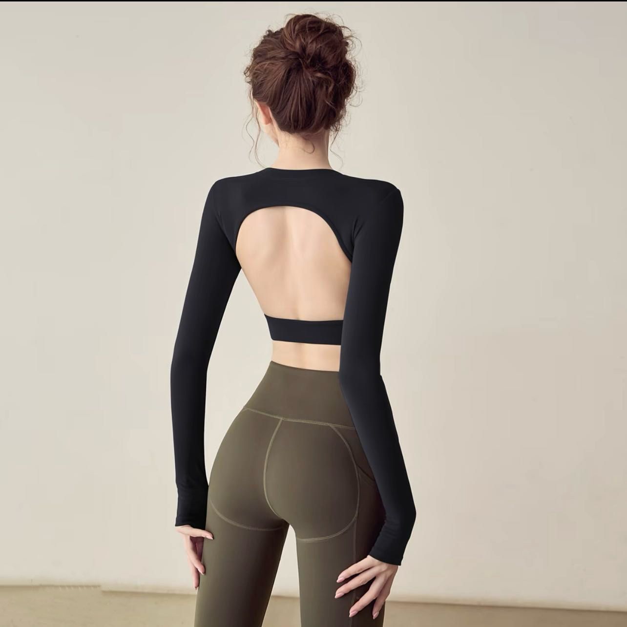 欧美纯欲分瑜伽长袖T恤女美背小众跑步运动T恤普拉提健身上衣