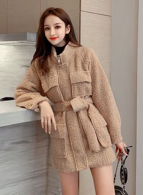 皮毛一体羊毛羔外套女秋冬短款小个子中长颗粒绒收腰仿皮草毛毛衣