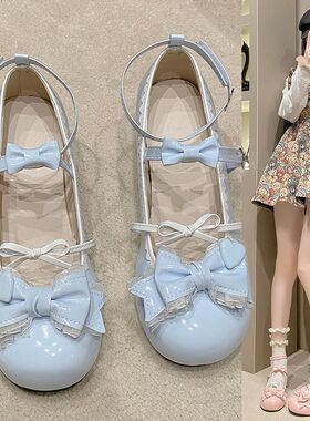 加绒小皮鞋女lo鞋小高跟超仙蝴蝶结可爱软妹lolita鞋子女日系单鞋