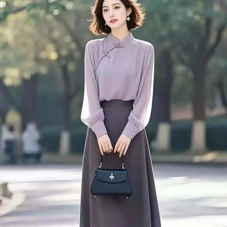 早秋穿搭紫色系穿搭漂亮独特盘扣女装新中式国风衬衫气质套装裙子