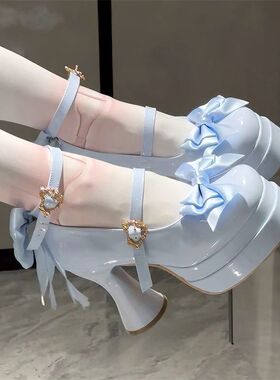 鞋子Lolita高跟鞋可爱洛丽塔少女日系甜美圆头防水超大蝴蝶结