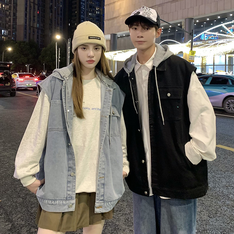 709-MJ71-P75春秋休闲连帽可脱卸纯色牛仔马甲外套上衣情侣,女装短外套,星座709