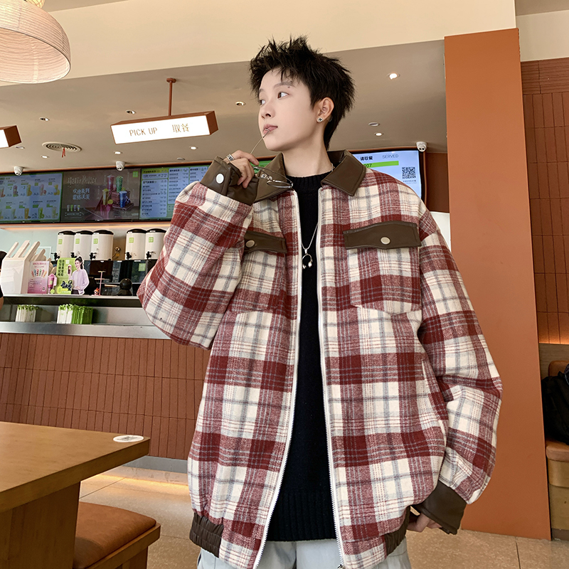 709-MY1635-P125冬季翻领刺绣格子拼接外套加棉加厚棉衣潮流男，男装棉衣，星座709