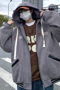 709-MY1012-P125 冬季单人鹿皮绒开衫加绒加厚秀十字架连帽棉衣男图片