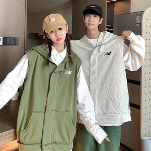 709-MJ22-P55 春秋破旧反边假两件百搭连帽马甲外套情侣图片