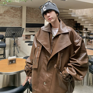 709-JK877-P145 小众西装领皮衣夹克拉链装饰纯色外套 单人，男装夹克，星座709