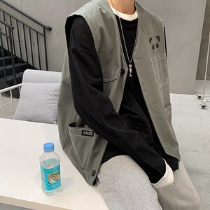 709-MJ10-P60 单人港风原创简约多口袋印花百搭休闲无袖马甲坎肩图片