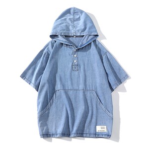 709-C902-P65 白底 夏季纯色棉牛仔连帽宽松大码衬衫T恤日系图片