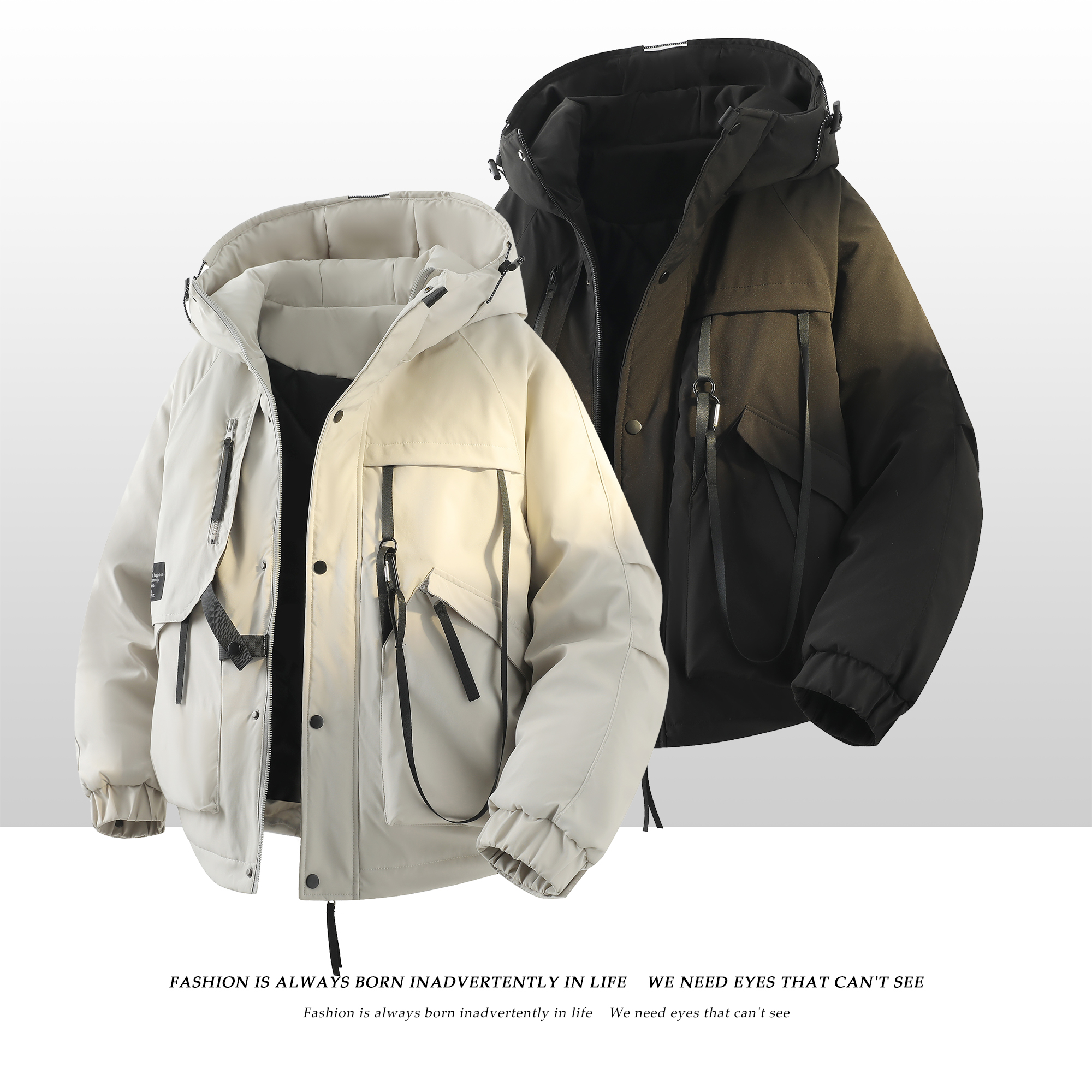 709-MY1839-P155冬季新款白底连帽飘带休闲工装棉衣外套，男装棉衣，星座709