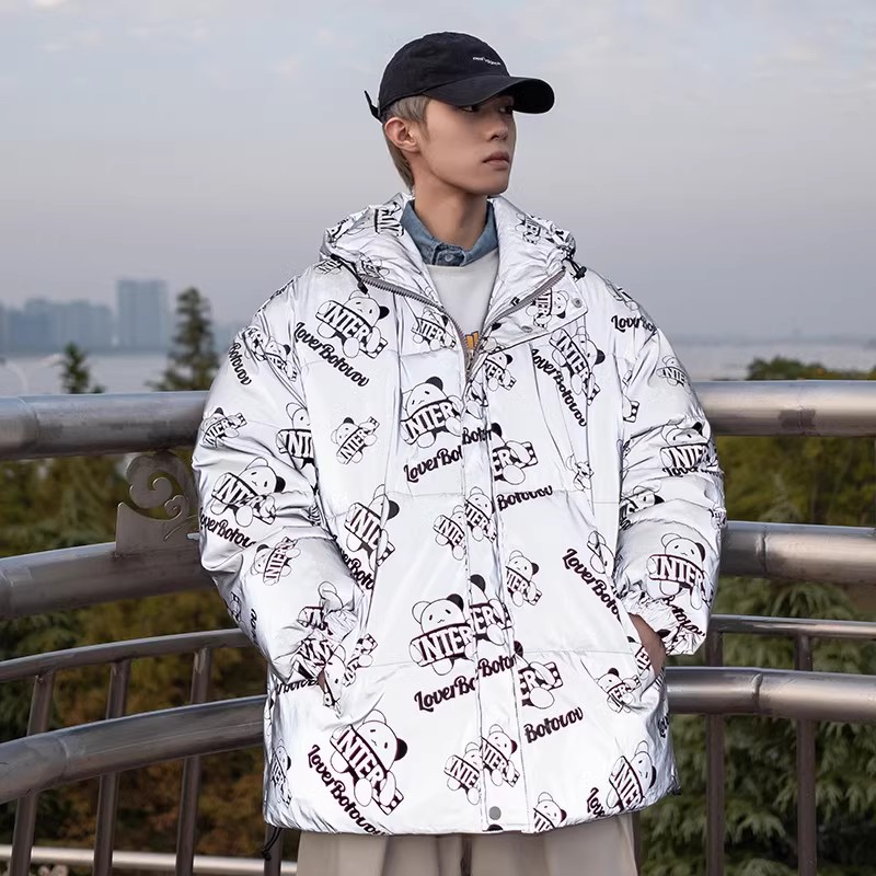 709-MY615-P120 冬季单人潮流加厚小熊印花连帽反光棉衣外套男，男装棉衣，星座709