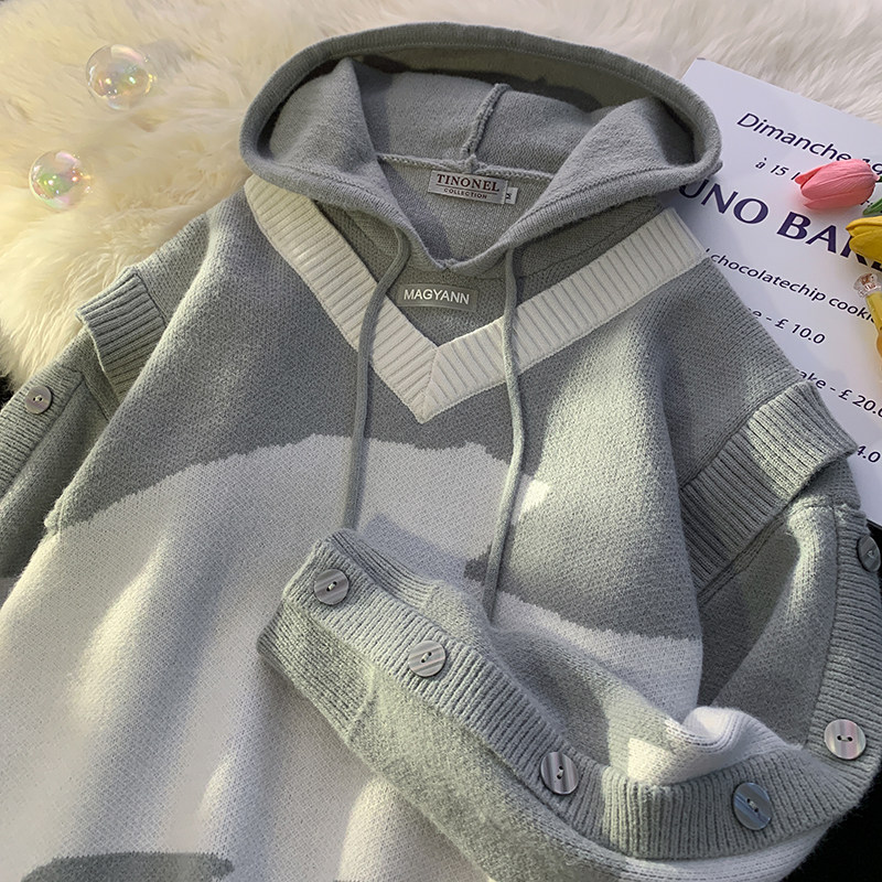709-MY63-P110春秋连帽休闲假两件扣子袖设计针织毛衣男平铺图,男装针织衫/毛衣,星座709