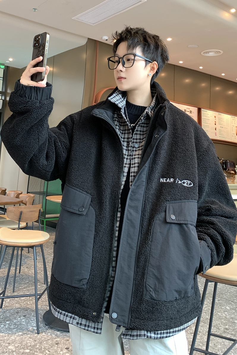 709-MY1638-P165冬季情侣立领衬衣羊羔毛假两件设计感棉衣加厚男，男装衬衫，星座709