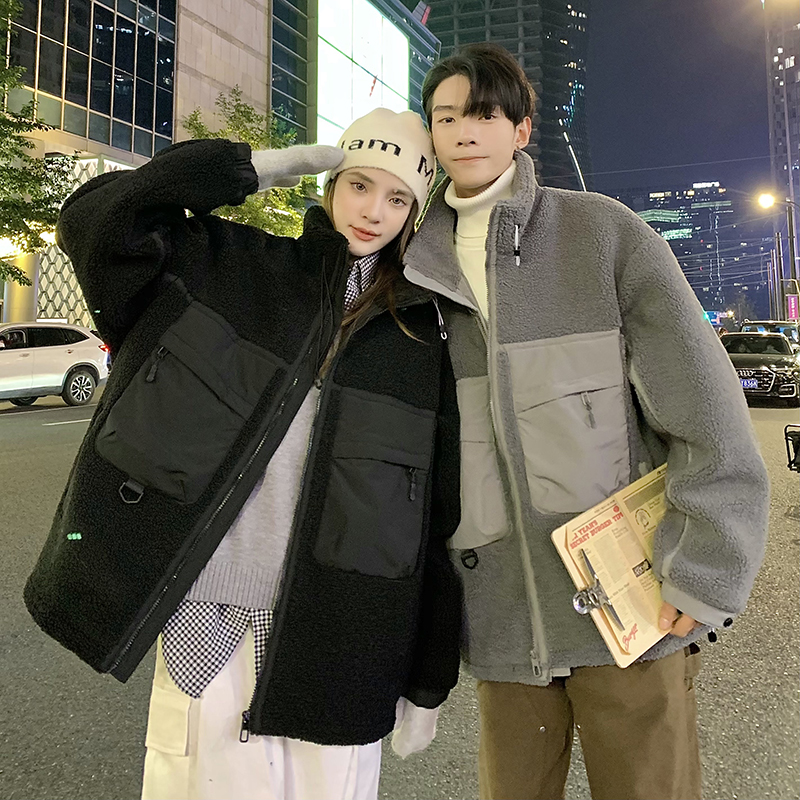 709-MY1850-P145冬季新款情侣休闲立领羊羔毛棉衣拼接工装外套厚，男装棉衣，星座709