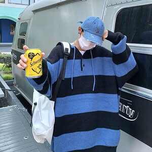 709-MY38-P100 春秋休闲连帽毛衣拼色条纹慵懒风百搭外套男 单人图片