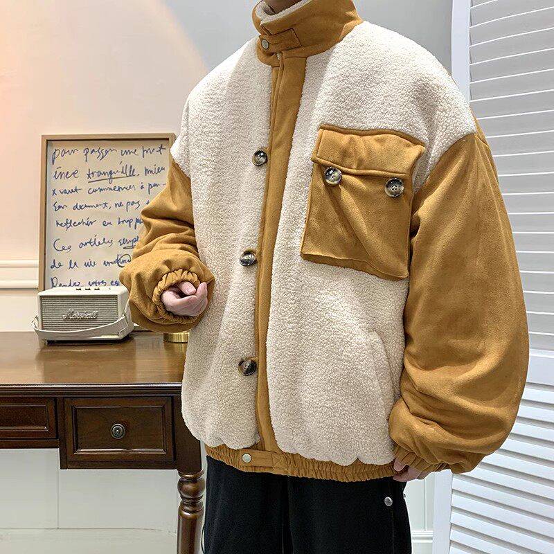709-MY1001-P115冬季单人立领开衫羊羔毛拼鹿绒皮加厚潮流男,男装卫衣,星座709