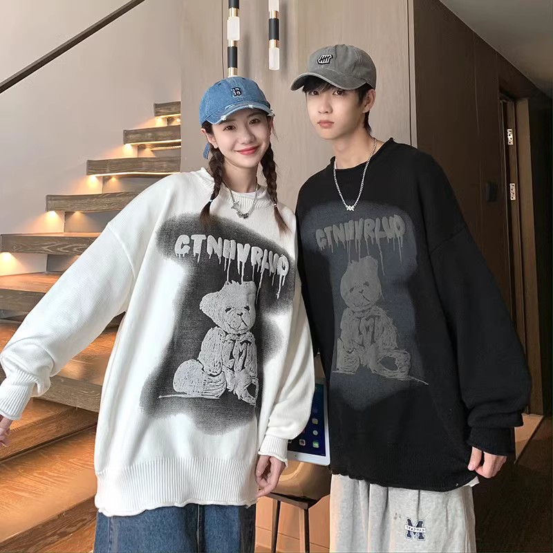 709-MY39-P90春秋休闲毛衣全棉套头小熊温变印花休闲百搭情侣，男装针织衫/毛衣，星座709