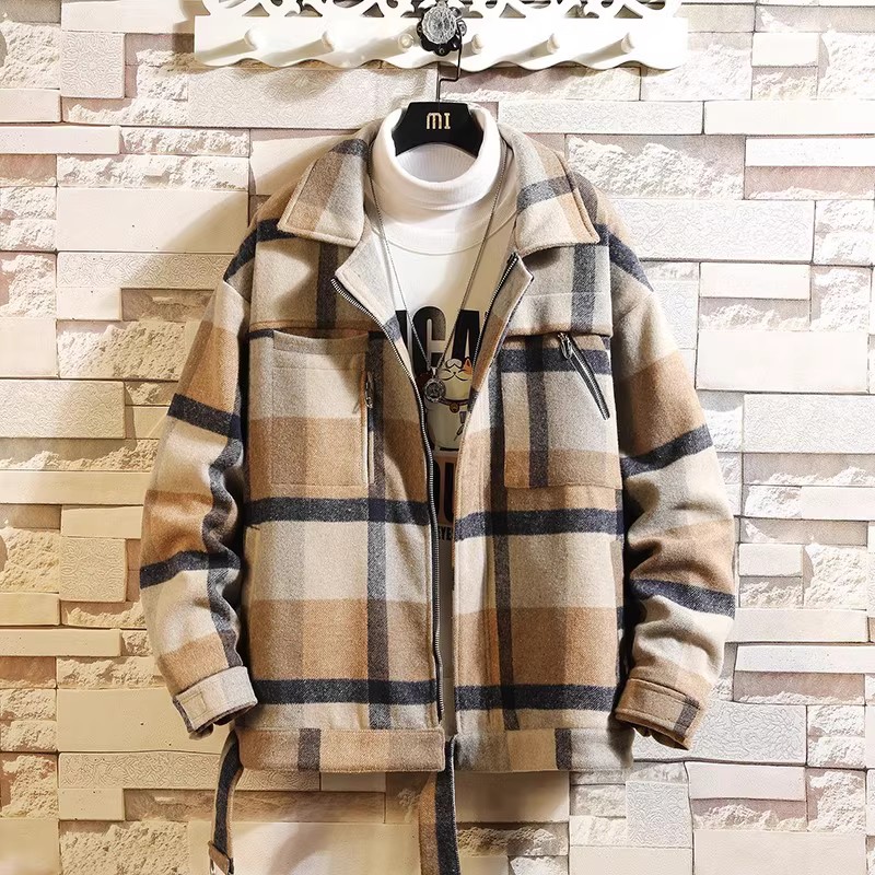 709-MY13-P100冬季挂拍加厚毛呢外套韩版潮流百搭格子棉袄男，女装短外套，星座709