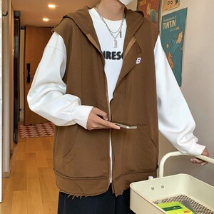 709-MJ22-P55 春秋破旧反边假两件百搭连帽马甲外套男 单人图片