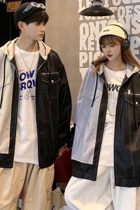 709-JK817-P125 春秋连帽拉链皮衣呢子拼接百搭休闲夹克情侣图片