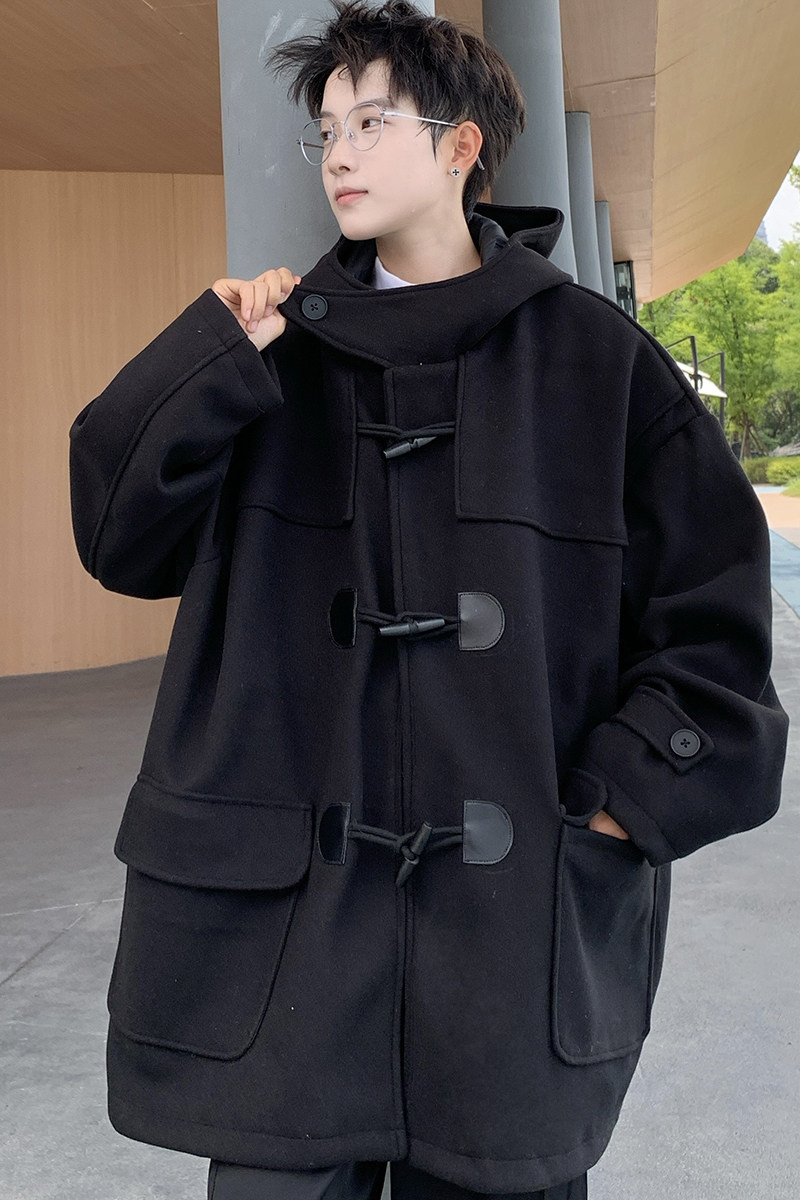 709-JK927-P150情侣休闲宽松牛角扣加厚连帽日系复古毛呢外套男,女装短外套,星座709