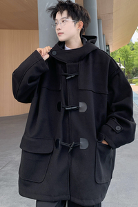 709-JK927-P150 情侣休闲宽松牛角扣加厚连帽日系复古毛呢外套男图片
