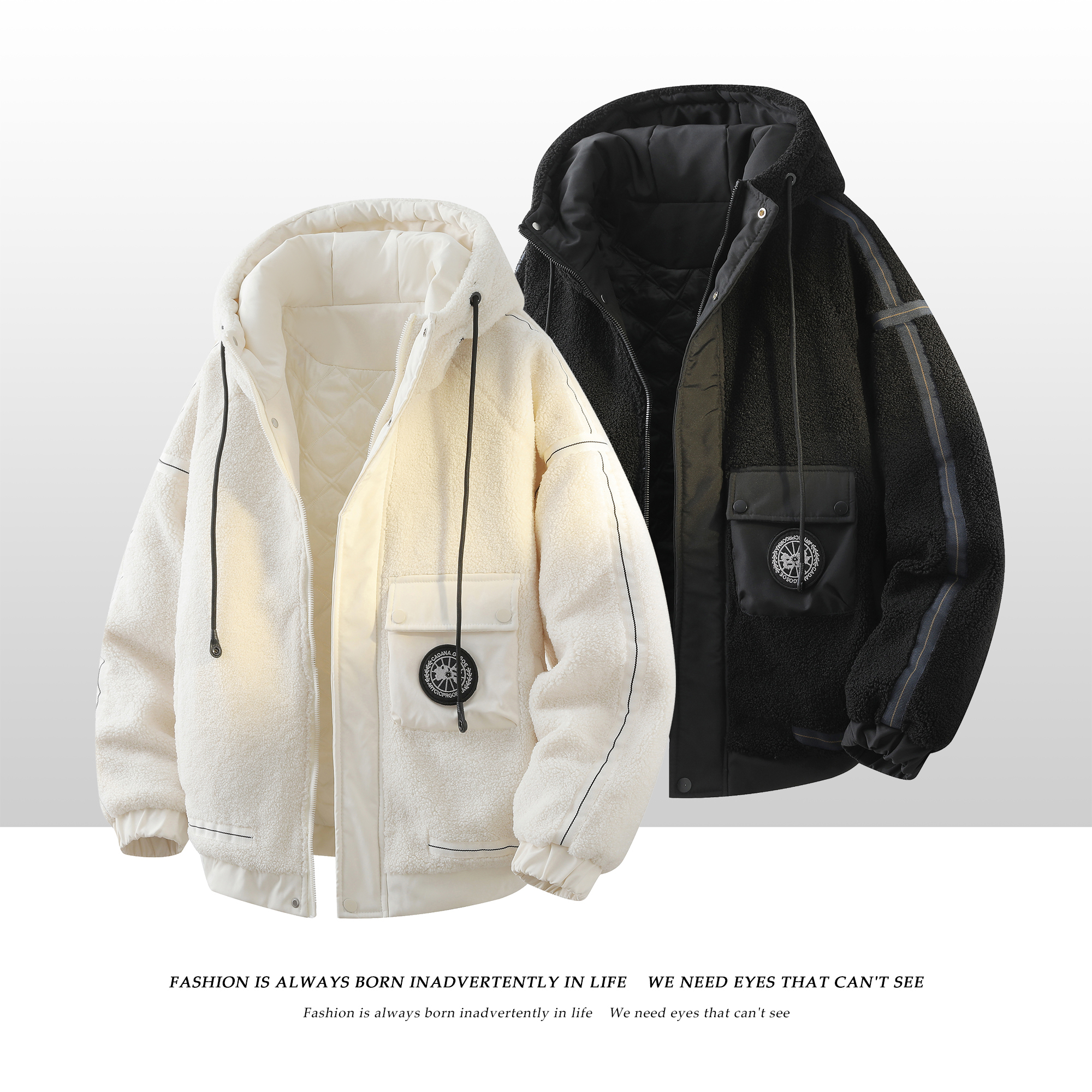 709-MY1833-P145冬季新款白底简约休闲百搭羊羔毛连帽棉服，男装棉衣，星座709