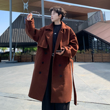 709-FY01-P165双排扣毛呢大衣中长宽松系带风衣设计感外套男，男装风衣，星座709