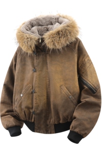709-MY1830-P195 冬季新款 白底 美式休闲可拆卸毛领连帽棉服图片