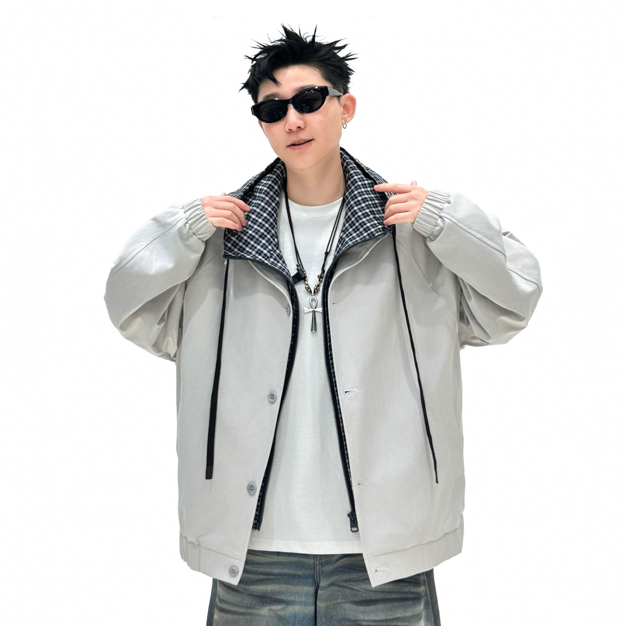 709-JK55-P100春季上新白底简约时尚百搭假两件格子帽夹克，男装夹克，星座709