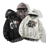 709-jk28-P125白底春季新款绣花格子假两件夹克，男装夹克，星座709