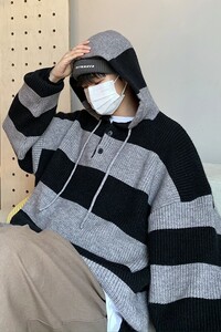 709-MY38-P100 春秋休闲连帽毛衣拼色条纹慵懒风百搭外套男 单人图片