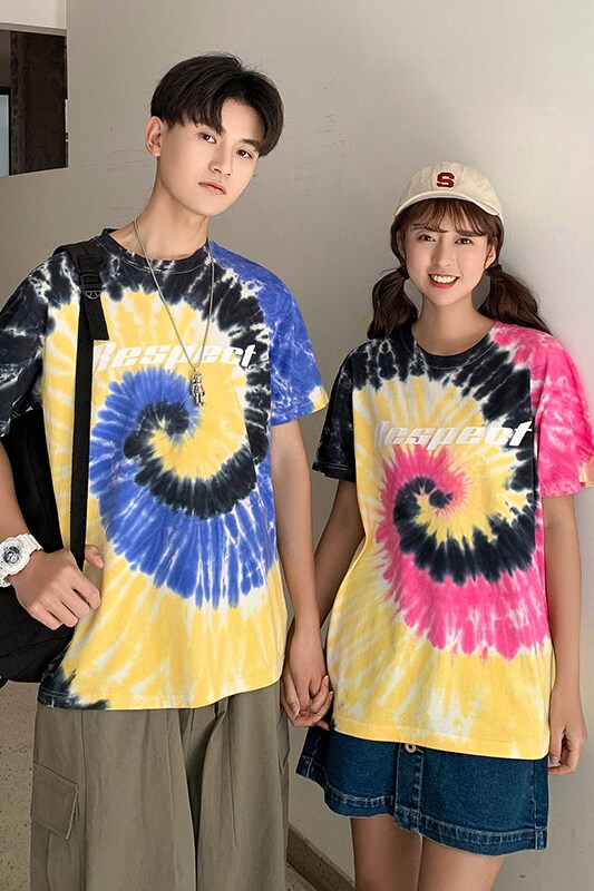 709-T305-P40情侣夏季扎染宽松短袖潮学生百搭纯棉T恤五分袖,男装T恤,星座709