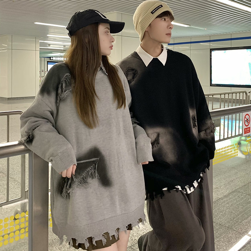 709-MY66-P105春秋情侣扎染流苏美式街头针织毛衣情侣图,男装针织衫/毛衣,星座709