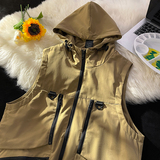 709-MJ60-P65春秋多拉链机能纯色宽松设计感连帽马甲平铺，男装背心/马甲，星座709