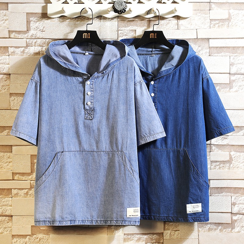709-C902-P65挂拍夏季纯色棉牛仔连帽宽松大码衬衫T恤日系,男装T恤,星座709