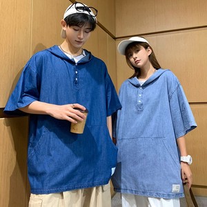 709-C902-P65 情侣 夏季纯色棉牛仔连帽宽松大码衬衫T恤日系图片