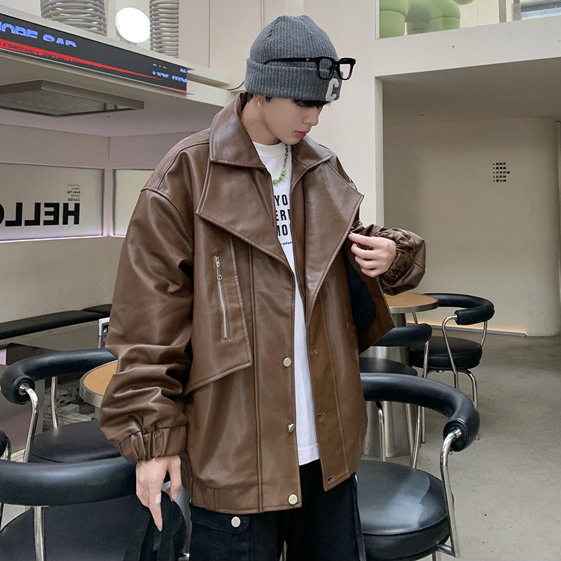 709-JK877-P145小众西装领皮衣夹克拉链装饰纯色外套单人,男装夹克,星座709