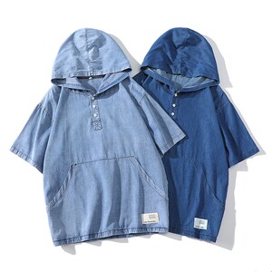 709-C902-P65 白底 夏季纯色棉牛仔连帽宽松大码衬衫T恤日系图片