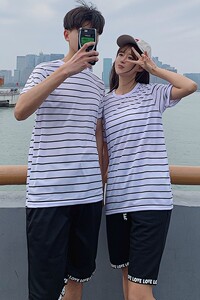 709-T302-K89-P30 23夏情侣跑量条纹男士百搭圆领短袖T恤套装图片