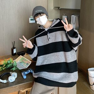709-MY38-P100 春秋休闲连帽毛衣拼色条纹慵懒风百搭外套男 单人图片