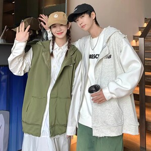 709-MJ22-P55 春秋破旧反边假两件百搭连帽马甲外套情侣图片
